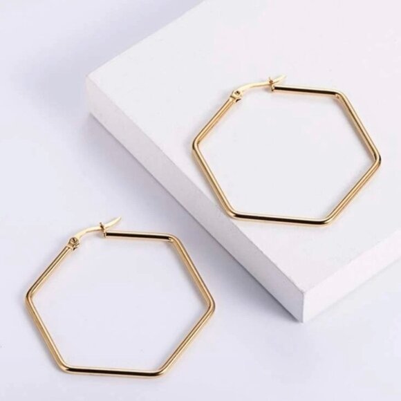 Gold Plated Stainless Steel Geometric Hoop Earrings - Picture 2 of 3
